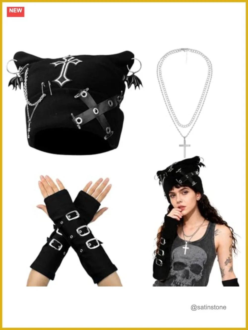 Grunge Cat Ear Beanie Set with Fingerless Gloves and Necklaces